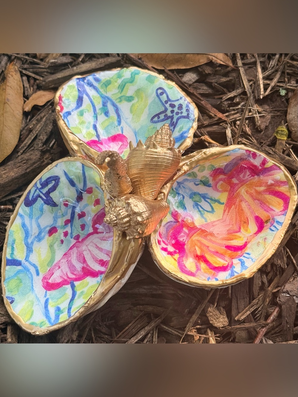 Handmade Seashell Ring Holder Trinket Dish Coastal Beach Decor Decoupage Gold